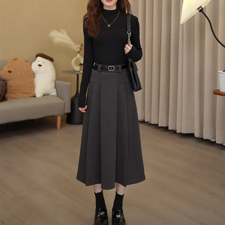 2024春季春游中长款小个子高腰百搭A字高腰半身裙