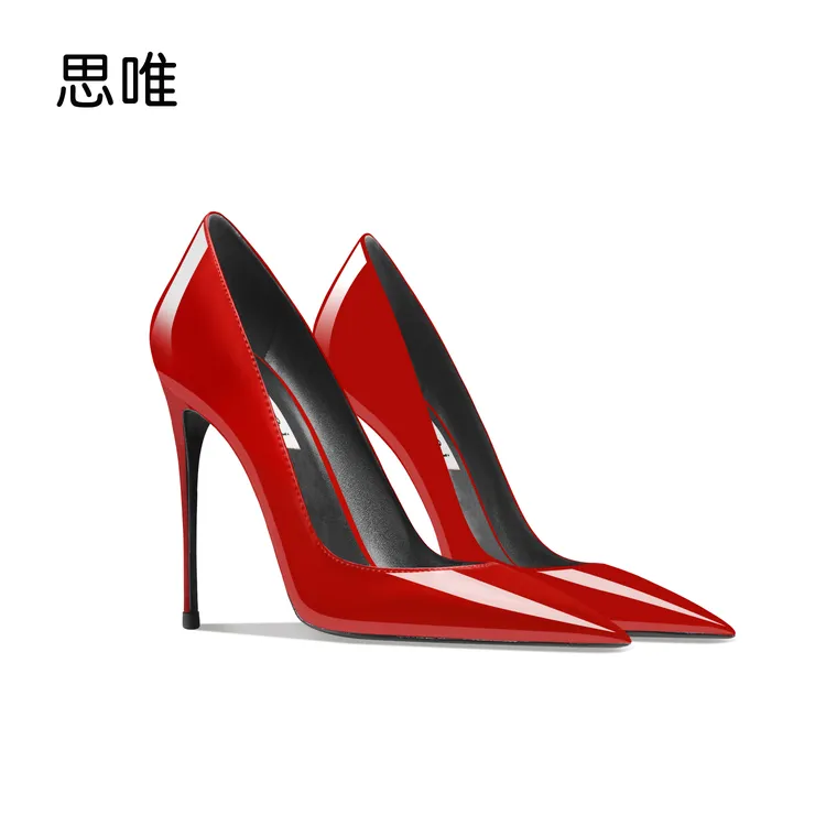 思唯红色漆皮高跟鞋女2025年新款细跟尖头浅口时尚性感OL职业单鞋
