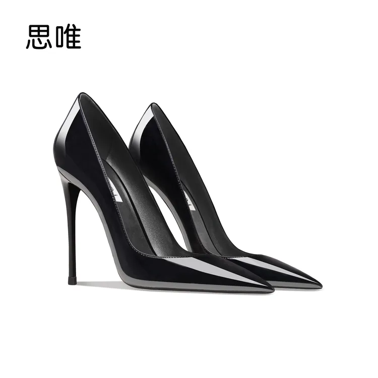 黑色漆皮高跟鞋女2025年新款细跟尖头浅口一脚蹬职业气质百搭单鞋