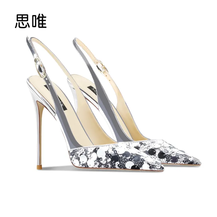 银色珠片边扣一字带凉鞋女2025年新款细跟尖头浅口时尚拼色单跟鞋