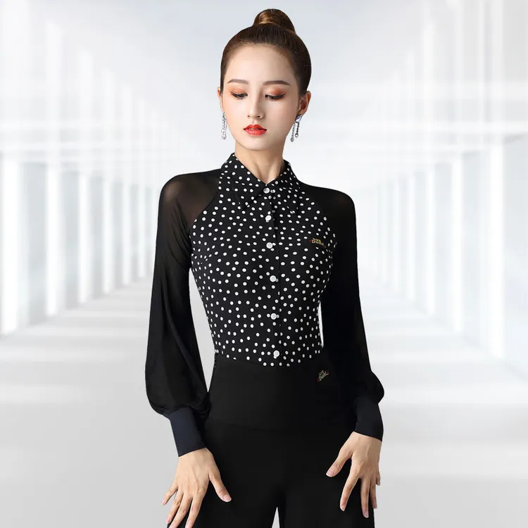 丹宝罗女衬衣连体上衣灯笼袖跳拉丁舞的衣服舞服弹力国标舞服装春