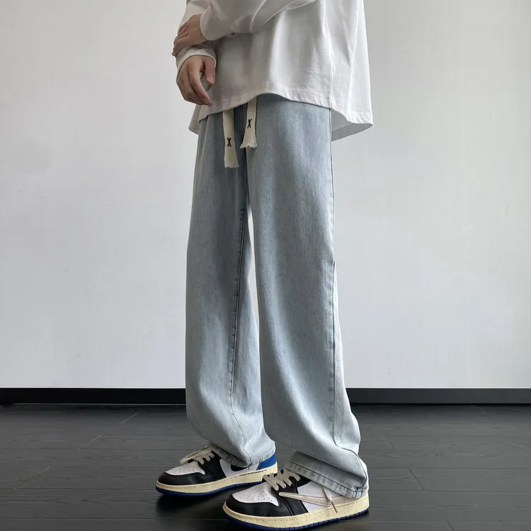 浅蓝色美式牛仔裤男士秋冬季新款水洗复古高街潮牌直筒休闲长裤子