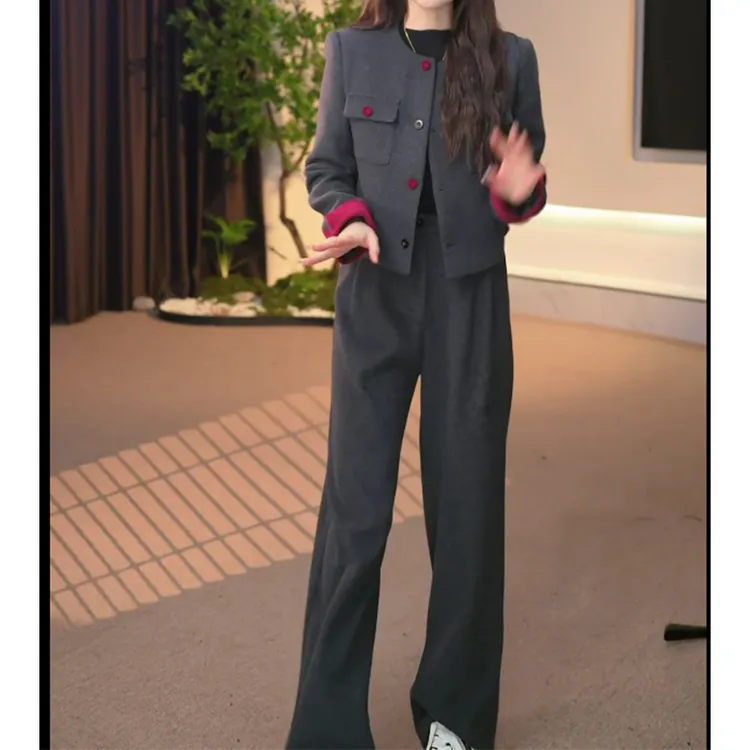 时尚西装套装女冬季搭配一整套拼接加棉小西装阔腿裤两件套