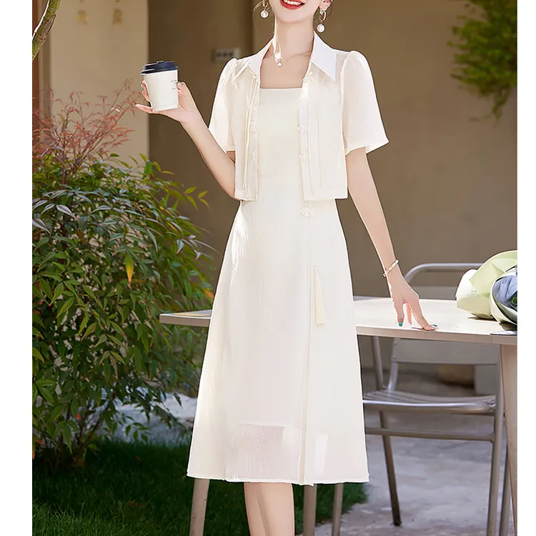 汉服两件套新中式国风连衣裙女2025夏新款短袖衬衫配吊带裙子