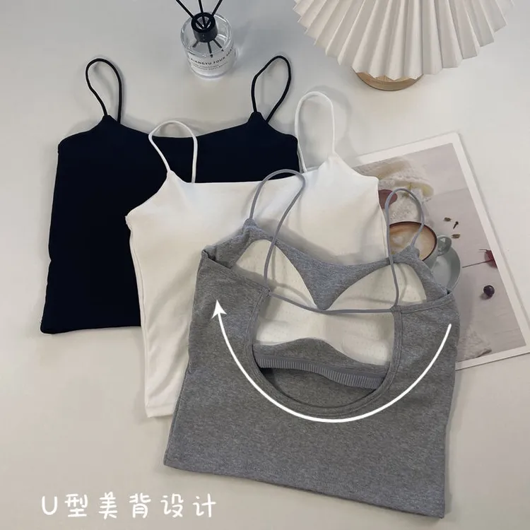 新款加厚杯垫小吊带简约修身显瘦一体式内搭外穿短款女背心打底