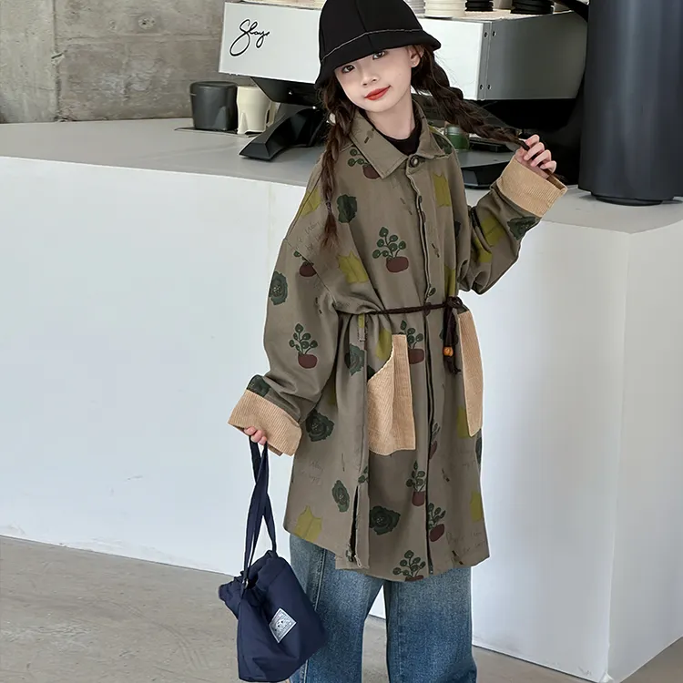 女童风衣春秋装2024新款中大童印花外套中长款时髦翻领上衣韩版潮