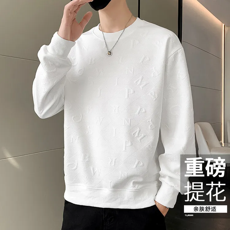 玛斯柏男士长袖T恤春秋冬季潮牌宽松圆领提花打底卫衣男装上衣服