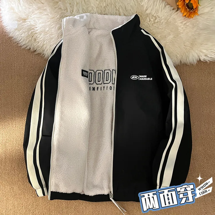 玛斯柏双面穿夹克男士春秋冬季新款羊羔绒外套潮牌休闲立领上衣服