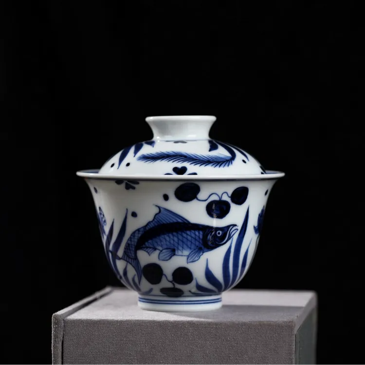 【照夜白】纯手绘鱼藻纹盖碗景德镇青花瓷压手杯青花陶瓷茶具礼盒装