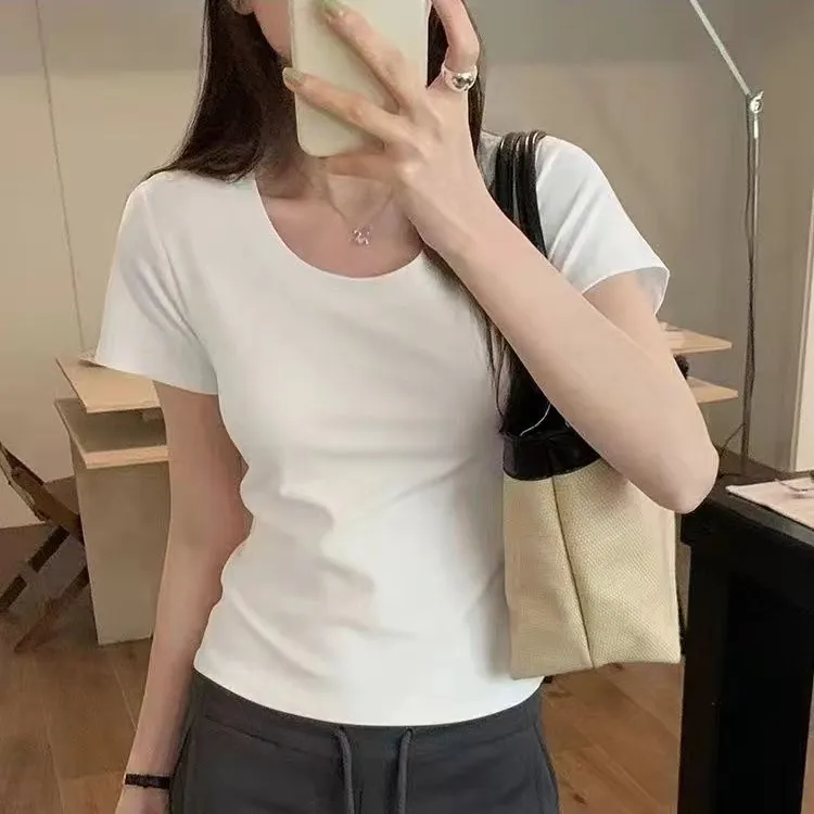 白色显瘦修身T恤女夏季新款ins潮百搭上衣纯色螺纹圆领内搭打底衫