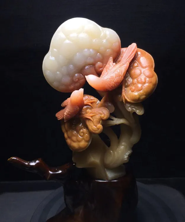 天然俏色金丝玉雕刻喜鹊灵芝摆件精工雕刻