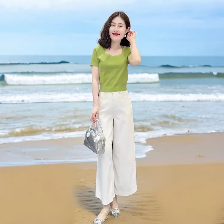 气质方领短袖上衣九分裤宽松休闲阔腿裤2024年新款夏季女显瘦显高