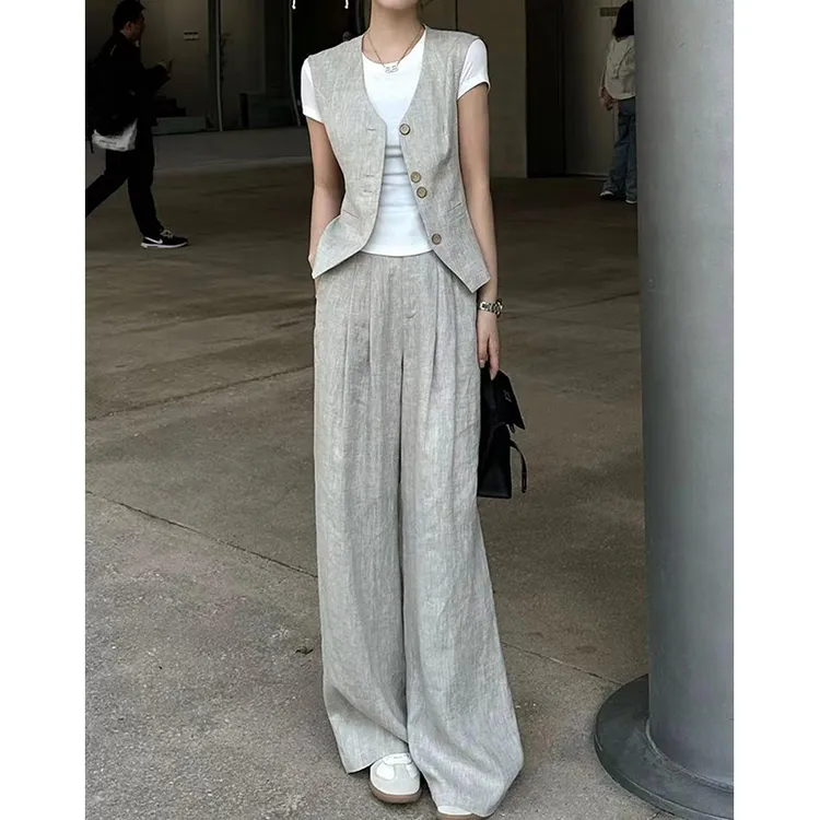 2025夏季亚麻时尚设计感马甲背心小个子显高气质女神范阔腿裤子潮