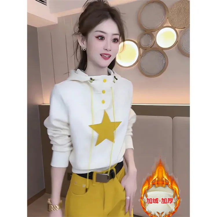 连帽印花半开领春秋冬装爆款短款外套加绒懒惰风卫衣小个子穿搭