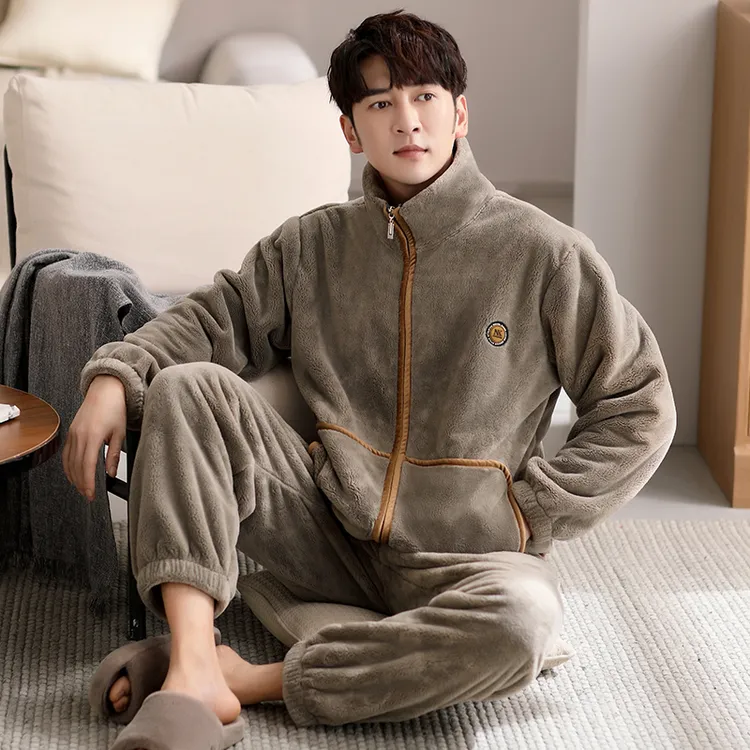 男款睡衣冬季加厚加绒珊瑚绒2025新款男士可外穿牛奶绒家居服套装