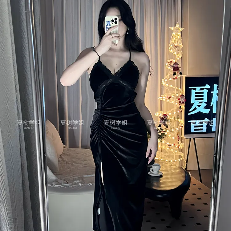 「夏树学姐」气质时尚连衣裙小众高级轻奢修身酷飒风纯欲慵懒风女装