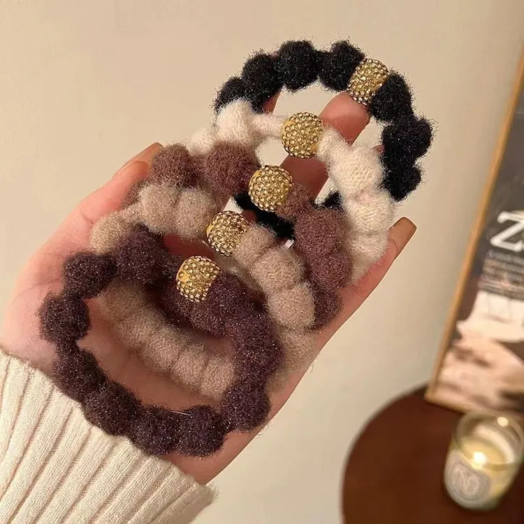 新款高端百搭高级感水钻头绳秋冬女扎头花发绳橡皮筋毛绒皮套发圈
