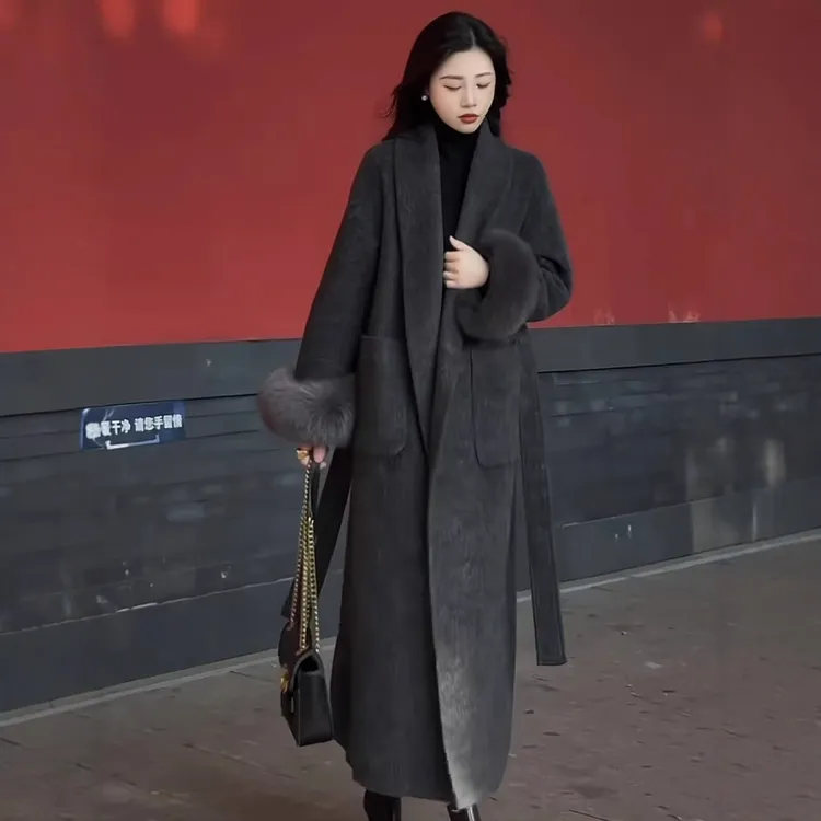 90加厚女毛呢长款大衣秋冬外套毛毛可拆