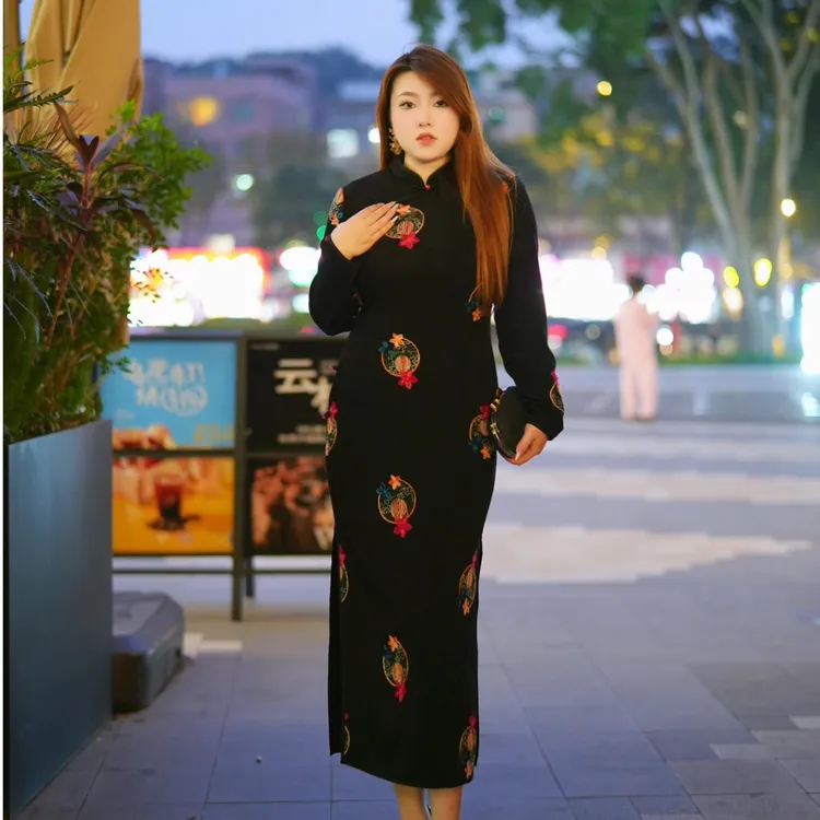 XY7442熙芸春季新款显瘦复古新中式改良长袖大码女装旗袍