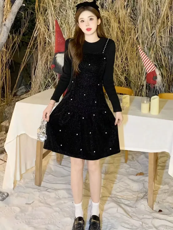 秋冬季新款大码女装时尚气质钉珠圆领假两件欧货遮肉洋气连衣裙