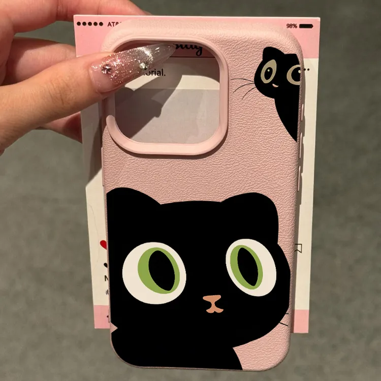 欧克里里大眼黑喵荔枝纹适用iphone14/15/16手机壳苹果13/12/11套
