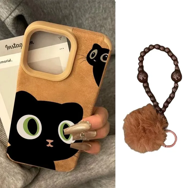 欧克里里大眼黑猫适用iPhone16手机壳苹果15/14翻毛皮13软12/11