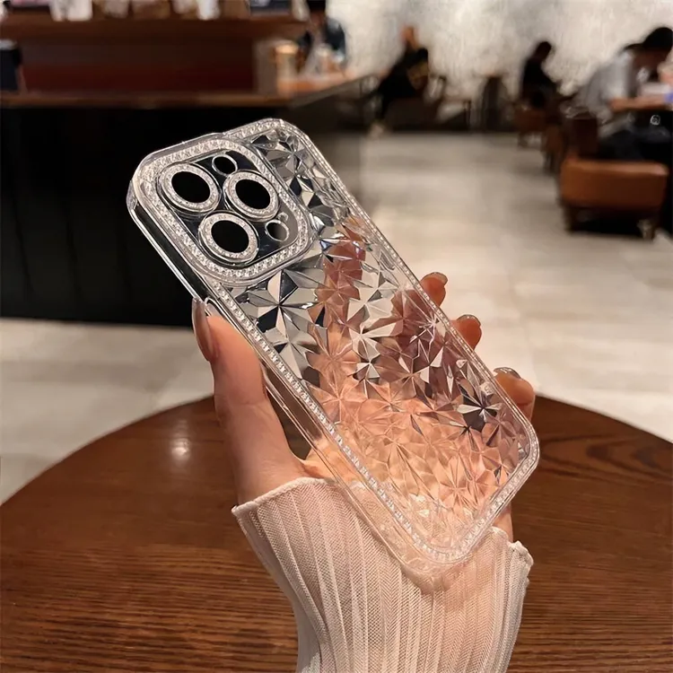 钻石纹碎钻框苹果14/13promax手机壳15Pro全包防摔Xr透明12高级感