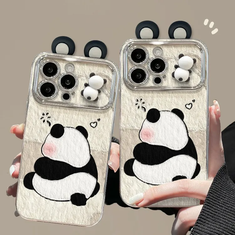 欧克里里熊猫耳朵公仔适用苹果15/华为/vivo/oppo/小米电镀手机壳
