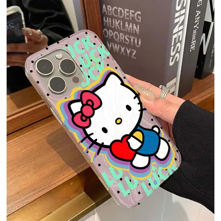 欧克里里粉色波点凯蒂猫羽纱壳适用苹果15手机壳华为vivo小米OPPO