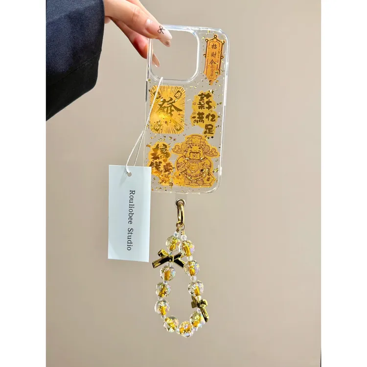 欧克里里金箔滴胶财神爷适用苹果16/15/14pro手机壳13潮17promax