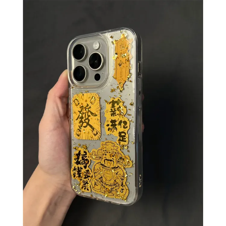 欧克里里中国风财神爷适用苹果16/15promax金箔滴胶手机壳14/13创
