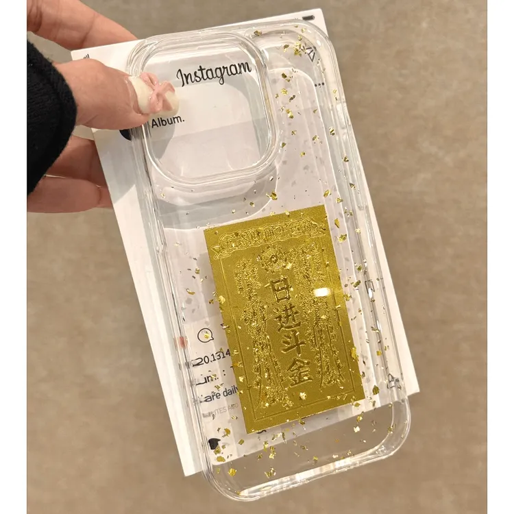 欧克里里日进斗金适用iPhone16promax苹果13/15滴胶14金箔手机壳2