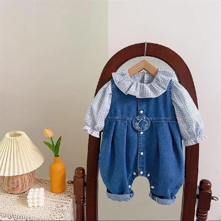 宝宝秋季套装婴儿连体衣春秋季新款女宝宝牛仔背带裤套装新生儿