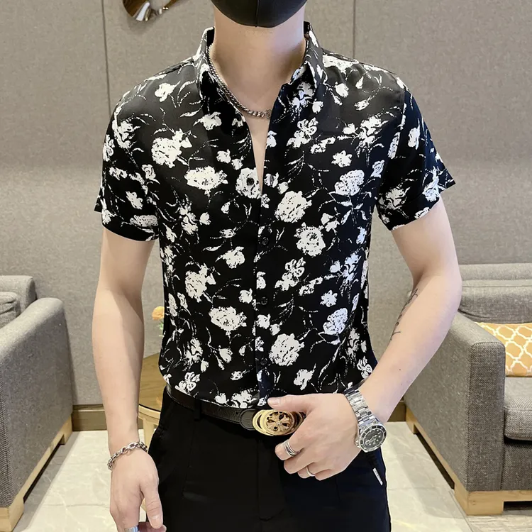 2023夏季新款男士百搭花衬衫短袖潮流时尚印花个性网红帅气休闲