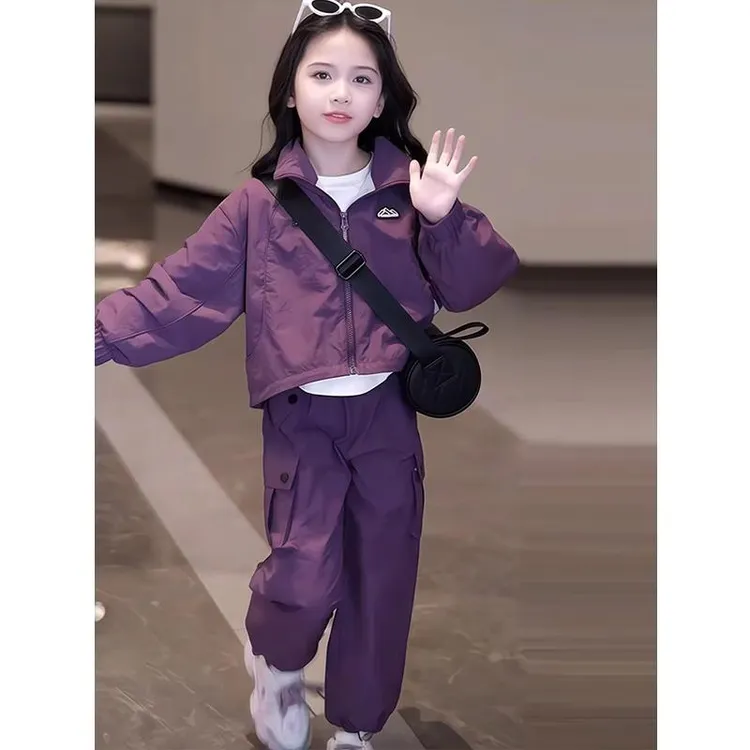 女童冲锋衣套装春秋季2024新款韩版儿童春秋装小女孩工装裤两件套