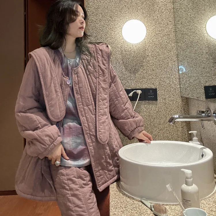 大梦秋冬睡衣套装女加厚保暖加厚刺绣加绒三层夹棉紫色冬天家居服