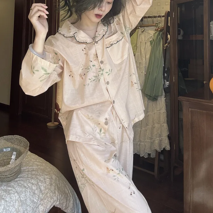 春秋睡衣女士竹节棉长袖浅色夏天碎花宽松衬衫套装家居服薄款