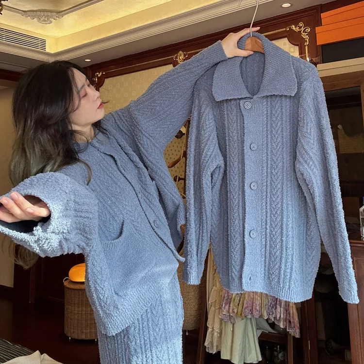 秋冬季睡衣套装女士半边绒复古保暖加厚蓝色毛衣毛衫可外穿家居服