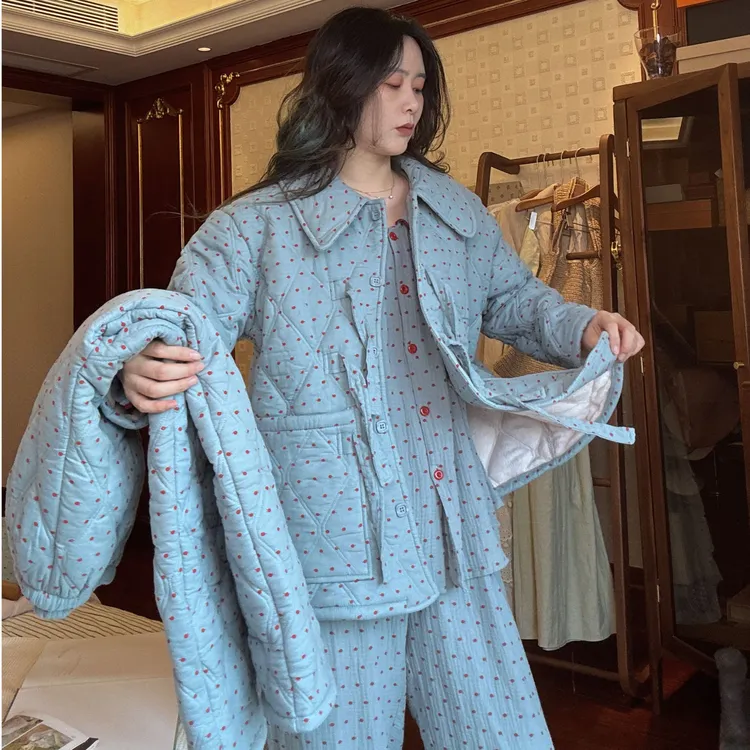 睡衣女士秋冬季新款三层夹棉套装宽松加厚加绒保暖波点套装家居服