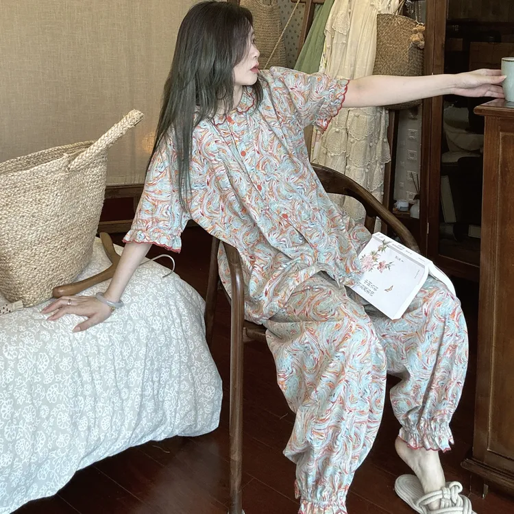 春夏季纯棉睡衣女2025新款短袖长裤长袖碎花复古薄款蕾丝甜美套装