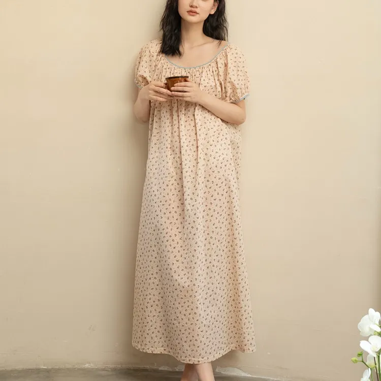 族玛士睡裙女士法式长裙连衣裙复古大码碎花可外穿裙印花长款宽松