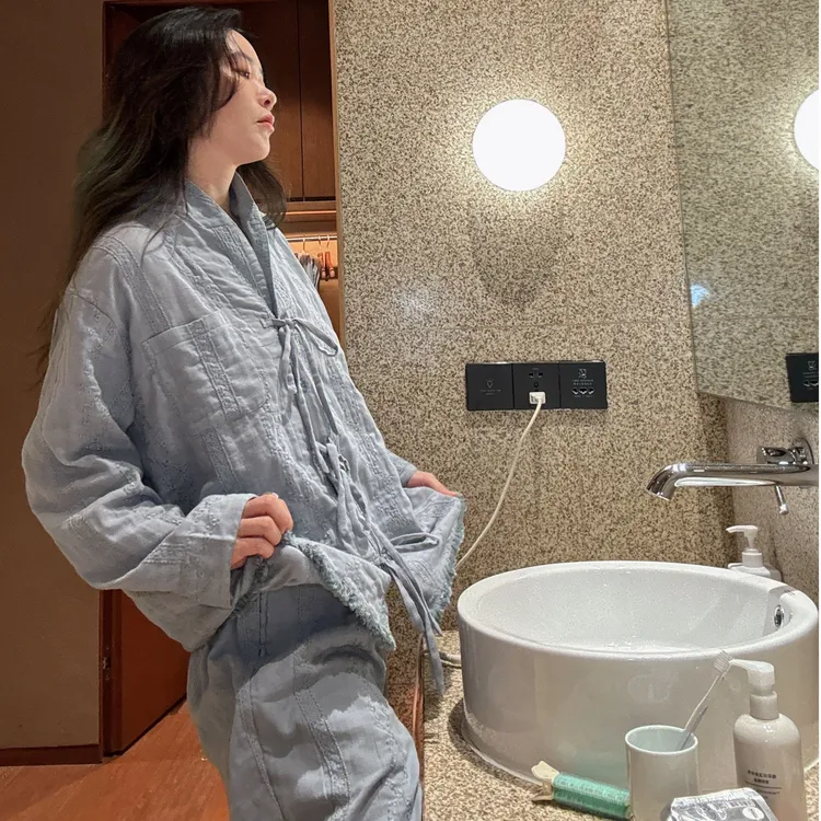 纱布纯棉睡衣春夏薄新款女新中式复古刺绣透气蓝色宽松套装家居服