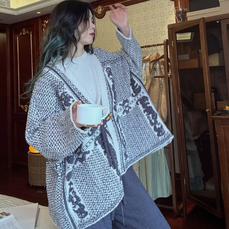 秋冬复古花色针织三件套装休闲半边绒加厚保暖睡衣女可外出家居服