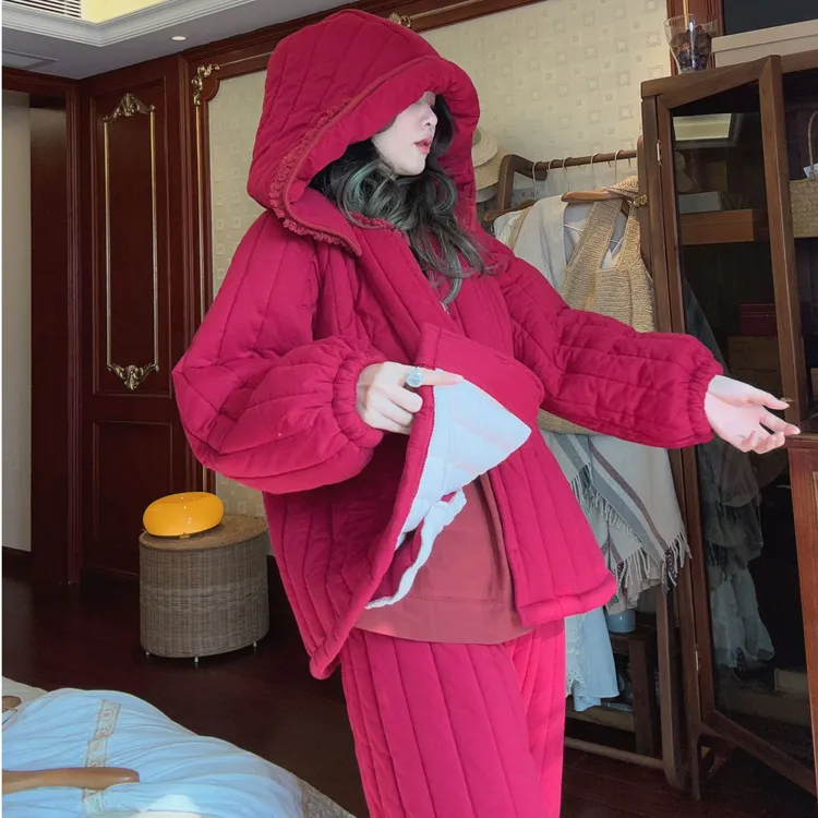 睡衣秋冬季女夹棉2025年新款纯棉加绒加厚红色新年连帽家居服套装