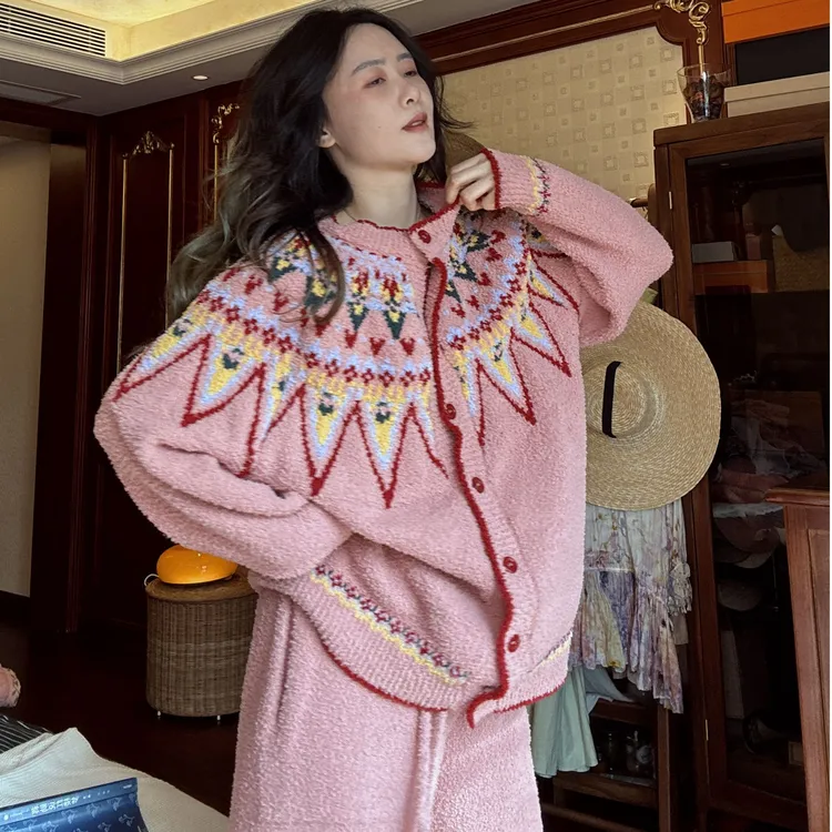 秋冬季复古半边绒睡衣费尔岛女士毛衣毛衫家居服珊瑚绒套装可外穿