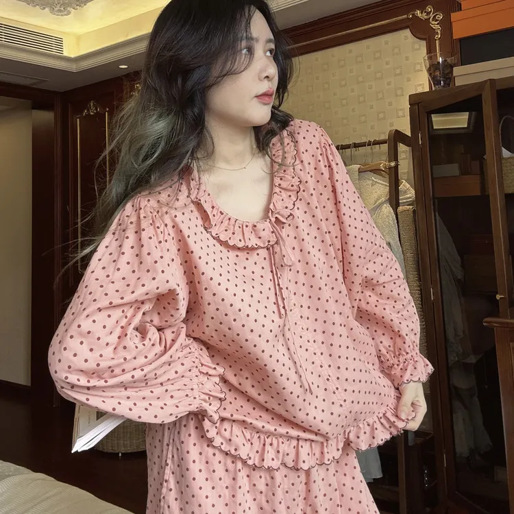 春秋季纯棉睡衣女士套装粉色纱布家居服大码长袖波点宽松薄款夏天