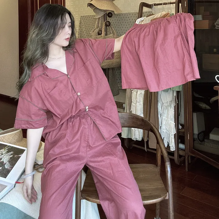 睡衣女夏季天薄款纯棉短袖宽松大码睡衣结婚大红本命年家居服套装