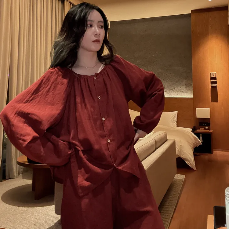 睡衣女春秋长袖纯棉纱布2025新款大红色本命年大码夏天家居服套装