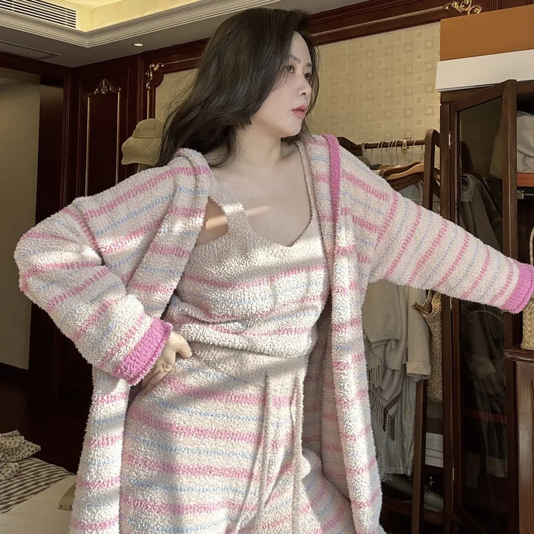 珊瑚绒秋冬季半边绒睡衣女士可外穿条纹三件套家居服加厚保暖冬天