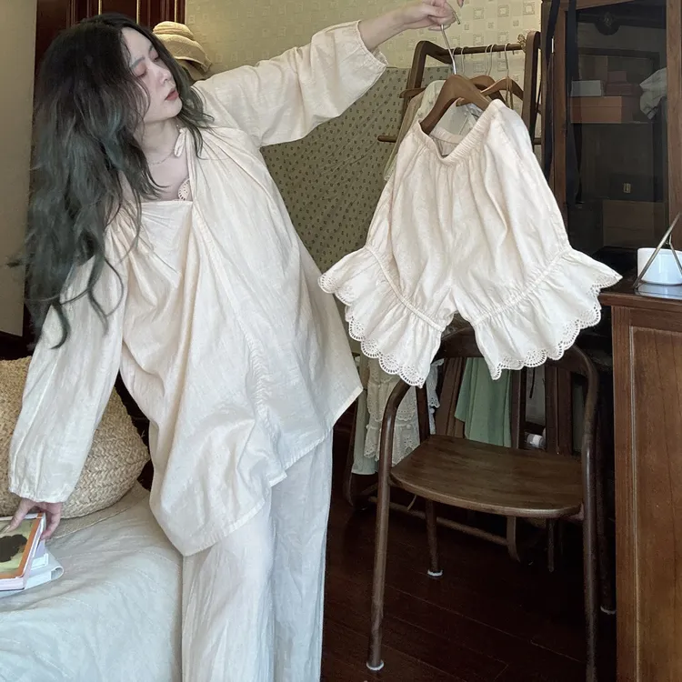 夏季新款梭织纯棉薄款睡衣宽松女九分袖短裤家居服套装法式高级感